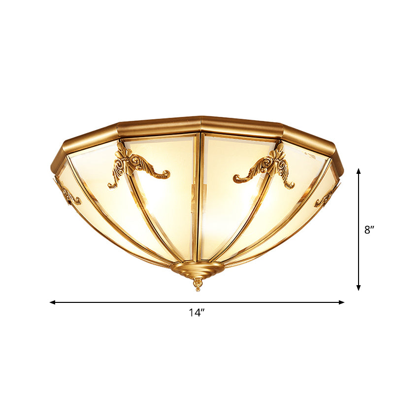 14"/18" W 3/4 Lights Flush Mount Traditional Living Room Ceiling Light with Bowl Frosted Glass Panel Shade in Brass Clearhalo 'Ceiling Lights' 'Close To Ceiling Lights' 'Close to ceiling' 'Flush mount' Lighting' 1963509