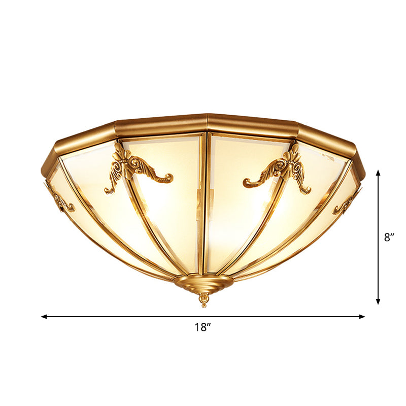 14"/18" W 3/4 Lights Flush Mount Traditional Living Room Ceiling Light with Bowl Frosted Glass Panel Shade in Brass Clearhalo 'Ceiling Lights' 'Close To Ceiling Lights' 'Close to ceiling' 'Flush mount' Lighting' 1963510