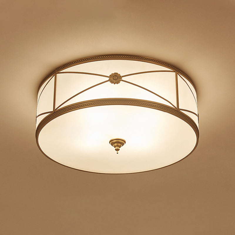 Small/Large 3/4/6 Lights Opal Glass Flush Mount Light Classic Brass Drum Bedroom Ceiling Flush Mount Light Clearhalo 'Ceiling Lights' 'Close To Ceiling Lights' 'Close to ceiling' 'Flush mount' Lighting' 1963551