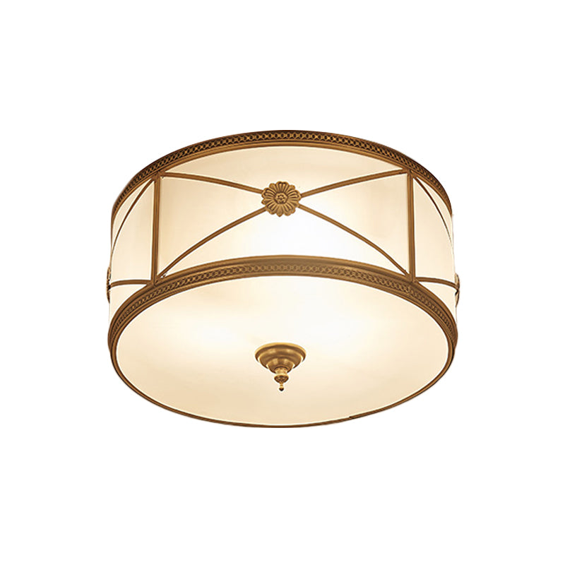 Small/Large 3/4/6 Lights Opal Glass Flush Mount Light Classic Brass Drum Bedroom Ceiling Flush Mount Light Clearhalo 'Ceiling Lights' 'Close To Ceiling Lights' 'Close to ceiling' 'Flush mount' Lighting' 1963554