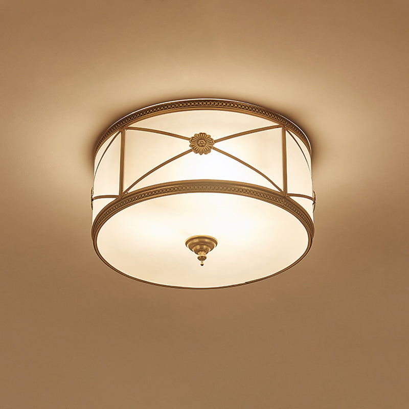 Small/Large 3/4/6 Lights Opal Glass Flush Mount Light Classic Brass Drum Bedroom Ceiling Flush Mount Light Clearhalo 'Ceiling Lights' 'Close To Ceiling Lights' 'Close to ceiling' 'Flush mount' Lighting' 1963555