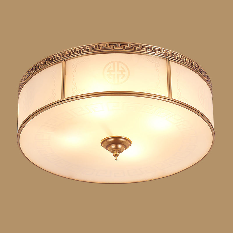 Small/Large 3/4/6 Lights Opal Glass Flush Mount Light Classic Brass Drum Bedroom Ceiling Flush Mount Light Clearhalo 'Ceiling Lights' 'Close To Ceiling Lights' 'Close to ceiling' 'Flush mount' Lighting' 1963560