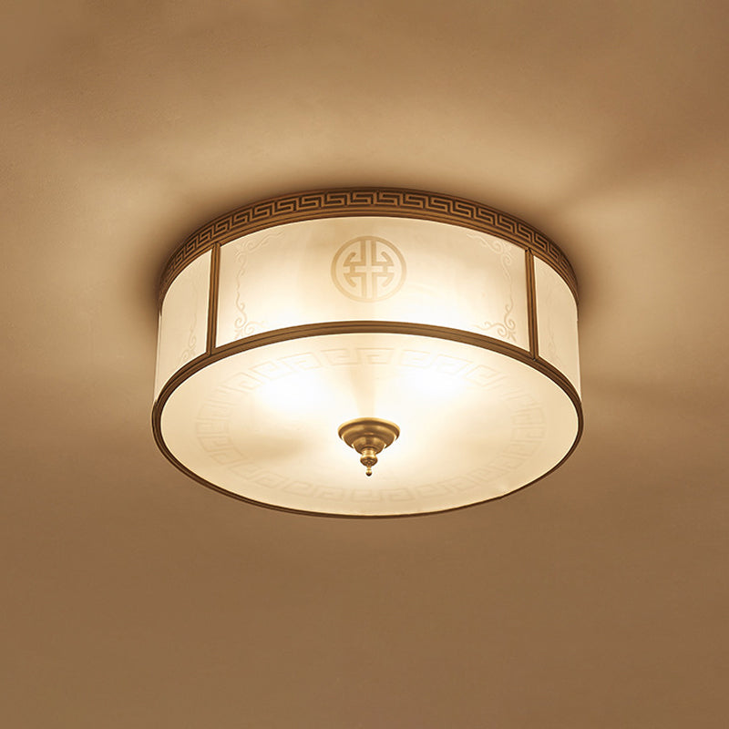 Small/Large 3/4/6 Lights Opal Glass Flush Mount Light Classic Brass Drum Bedroom Ceiling Flush Mount Light Clearhalo 'Ceiling Lights' 'Close To Ceiling Lights' 'Close to ceiling' 'Flush mount' Lighting' 1963564