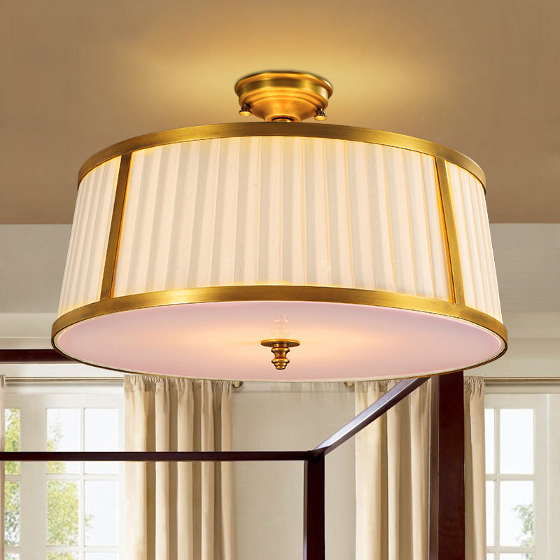 4 Lights Ceiling Light Flush Mount Vintage Drum Fabric Flush Mount Light in Polished Brass Brass Clearhalo 'Ceiling Lights' 'Close To Ceiling Lights' 'Close to ceiling' 'Flush mount' Lighting' 1963566