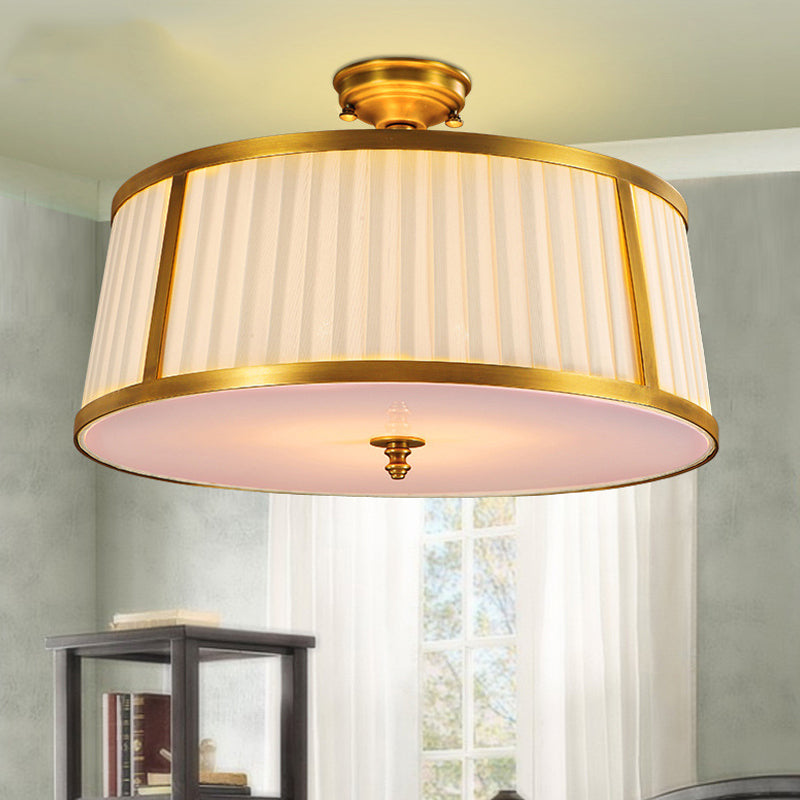 4 Lights Ceiling Light Flush Mount Vintage Drum Fabric Flush Mount Light in Polished Brass Clearhalo 'Ceiling Lights' 'Close To Ceiling Lights' 'Close to ceiling' 'Flush mount' Lighting' 1963567