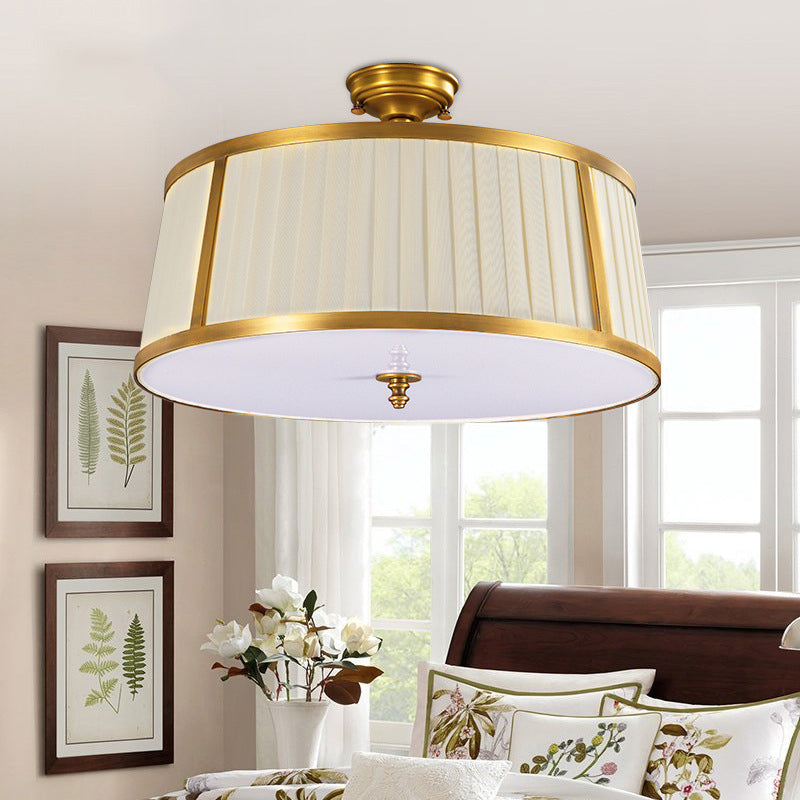 4 Lights Ceiling Light Flush Mount Vintage Drum Fabric Flush Mount Light in Polished Brass Clearhalo 'Ceiling Lights' 'Close To Ceiling Lights' 'Close to ceiling' 'Flush mount' Lighting' 1963568