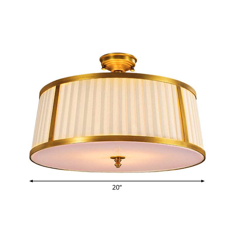 4 Lights Ceiling Light Flush Mount Vintage Drum Fabric Flush Mount Light in Polished Brass Clearhalo 'Ceiling Lights' 'Close To Ceiling Lights' 'Close to ceiling' 'Flush mount' Lighting' 1963571