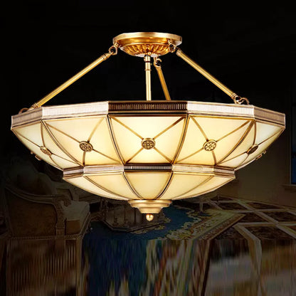 23.5"/32" W 6/9 Lights Semi Flush Mount Traditional Umbrella Frosted Glass Flush Mount Light in Brass Brass Clearhalo 'Ceiling Lights' 'Close To Ceiling Lights' 'Close to ceiling' 'Glass shade' 'Glass' 'Pendant Lights' 'Semi-flushmount' Lighting' 1963572