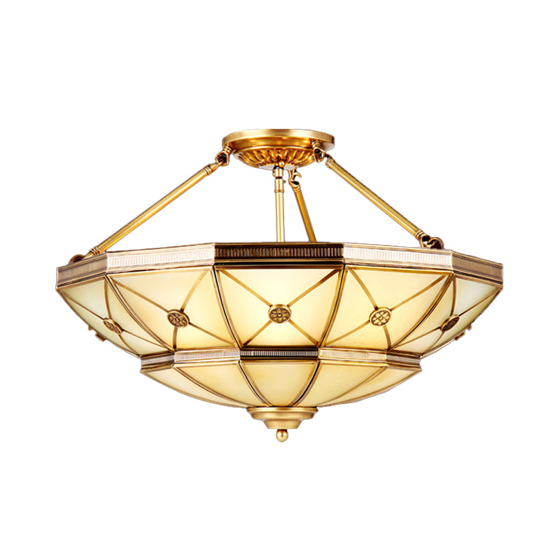 23.5"/32" W 6/9 Lights Semi Flush Mount Traditional Umbrella Frosted Glass Flush Mount Light in Brass Clearhalo 'Ceiling Lights' 'Close To Ceiling Lights' 'Close to ceiling' 'Glass shade' 'Glass' 'Pendant Lights' 'Semi-flushmount' Lighting' 1963573