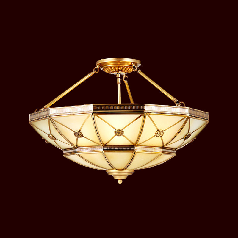 23.5"/32" W 6/9 Lights Semi Flush Mount Traditional Umbrella Frosted Glass Flush Mount Light in Brass Clearhalo 'Ceiling Lights' 'Close To Ceiling Lights' 'Close to ceiling' 'Glass shade' 'Glass' 'Pendant Lights' 'Semi-flushmount' Lighting' 1963574