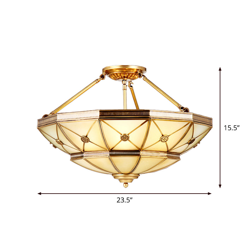 23.5"/32" W 6/9 Lights Semi Flush Mount Traditional Umbrella Frosted Glass Flush Mount Light in Brass Clearhalo 'Ceiling Lights' 'Close To Ceiling Lights' 'Close to ceiling' 'Glass shade' 'Glass' 'Pendant Lights' 'Semi-flushmount' Lighting' 1963575