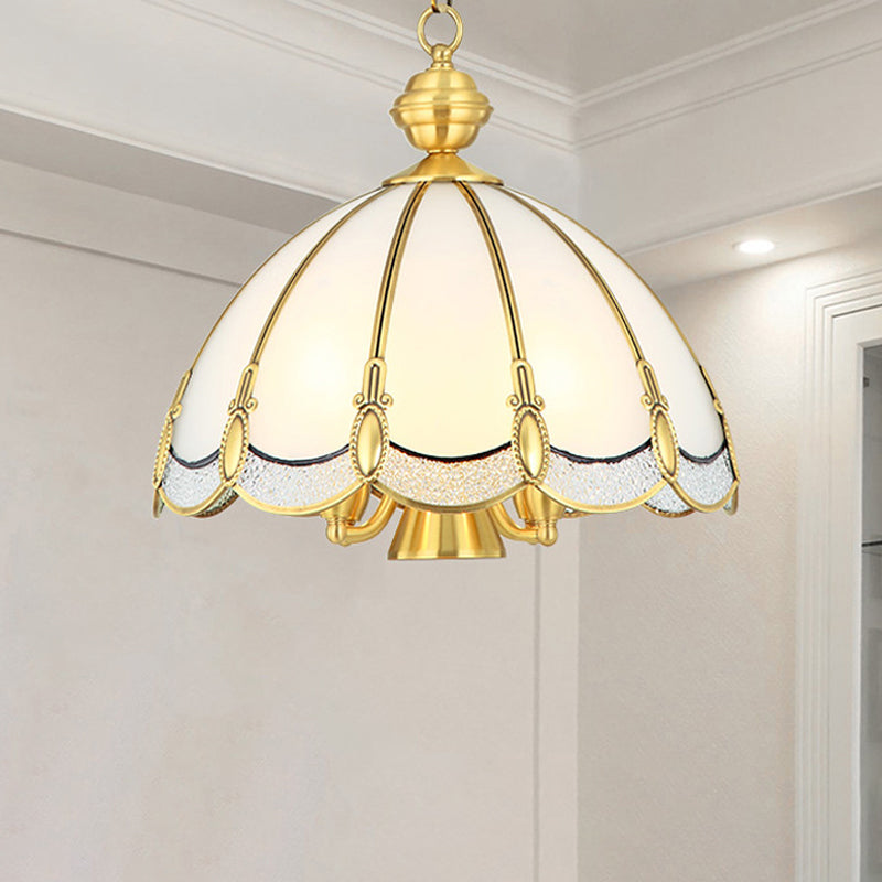 Small/Large 3/5 Lights Chandelier Lamp Vintage Scalloped Opal Glass Ceiling Lighting in Brass Brass Clearhalo 'Ceiling Lights' 'Chandeliers' 'Glass shade' 'Glass' Lighting' 1963586