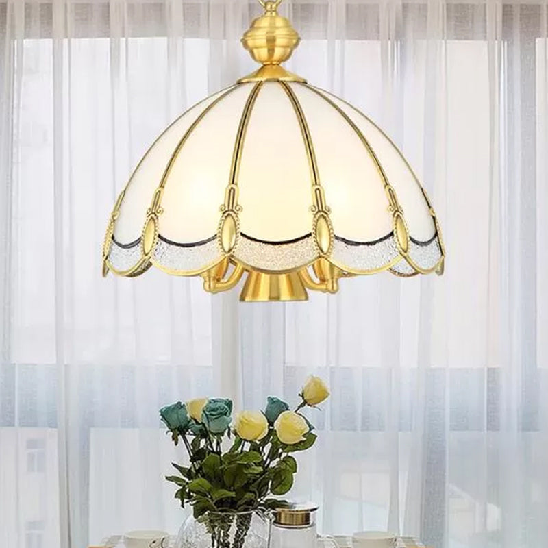 Small/Large 3/5 Lights Chandelier Lamp Vintage Scalloped Opal Glass Ceiling Lighting in Brass Clearhalo 'Ceiling Lights' 'Chandeliers' 'Glass shade' 'Glass' Lighting' 1963587