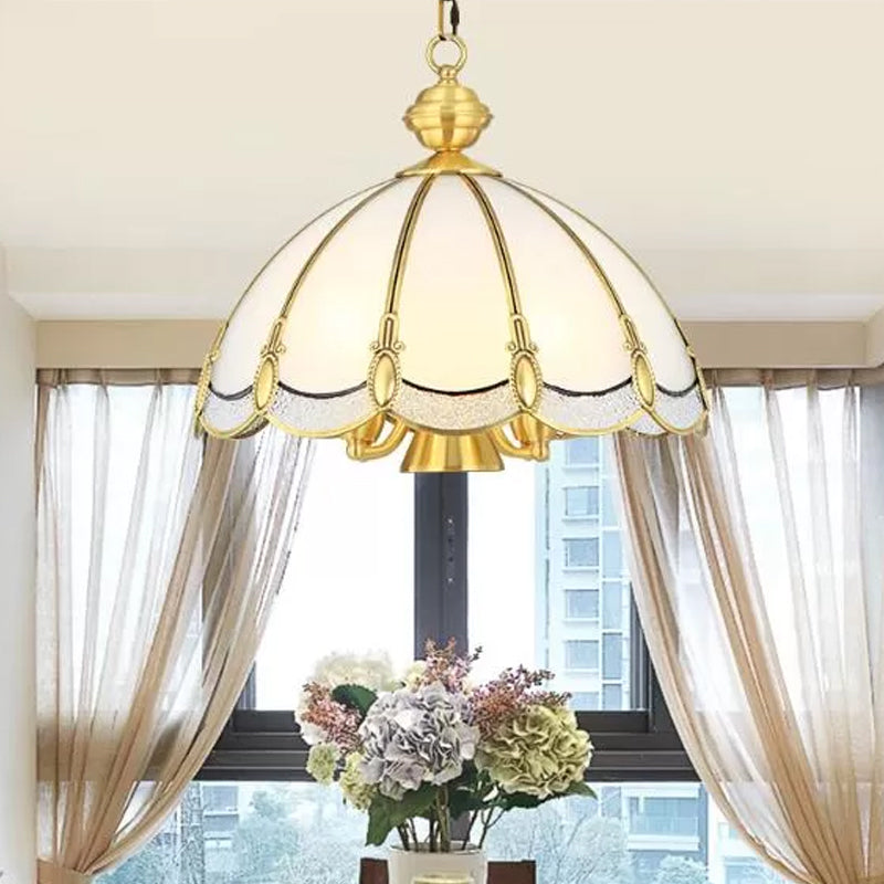 Small/Large 3/5 Lights Chandelier Lamp Vintage Scalloped Opal Glass Ceiling Lighting in Brass Clearhalo 'Ceiling Lights' 'Chandeliers' 'Glass shade' 'Glass' Lighting' 1963588