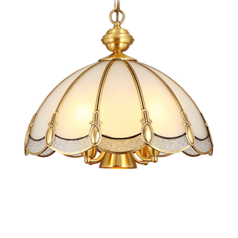 Small/Large 3/5 Lights Chandelier Lamp Vintage Scalloped Opal Glass Ceiling Lighting in Brass Clearhalo 'Ceiling Lights' 'Chandeliers' 'Glass shade' 'Glass' Lighting' 1963589