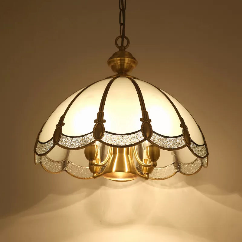 Small/Large 3/5 Lights Chandelier Lamp Vintage Scalloped Opal Glass Ceiling Lighting in Brass Clearhalo 'Ceiling Lights' 'Chandeliers' 'Glass shade' 'Glass' Lighting' 1963590