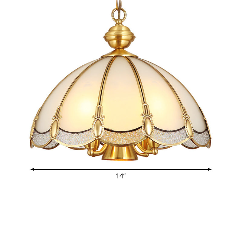 Small/Large 3/5 Lights Chandelier Lamp Vintage Scalloped Opal Glass Ceiling Lighting in Brass Clearhalo 'Ceiling Lights' 'Chandeliers' 'Glass shade' 'Glass' Lighting' 1963591