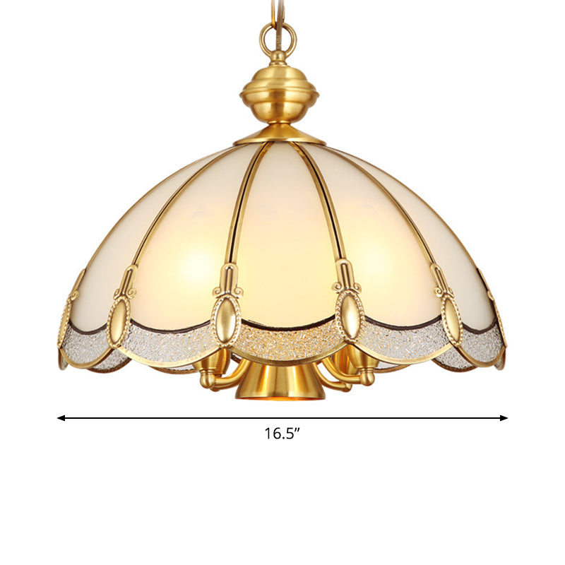 Small/Large 3/5 Lights Chandelier Lamp Vintage Scalloped Opal Glass Ceiling Lighting in Brass Clearhalo 'Ceiling Lights' 'Chandeliers' 'Glass shade' 'Glass' Lighting' 1963592