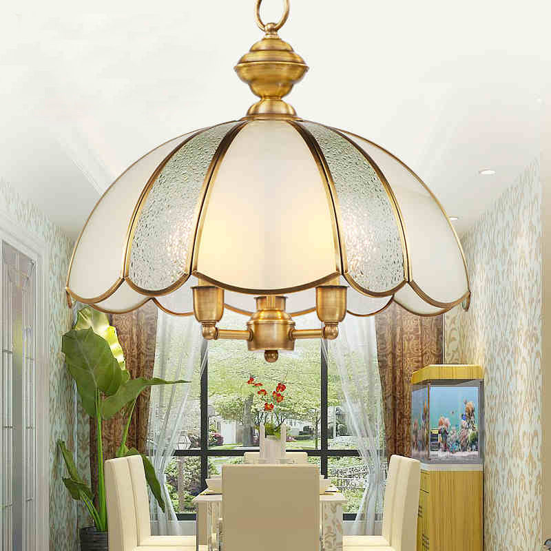 3 Lights Dome Chandelier Lamp Classic Polished Brass Frosted Glass Hanging Lighting Brass Clearhalo 'Ceiling Lights' 'Chandeliers' 'Glass shade' 'Glass' Lighting' 1963593