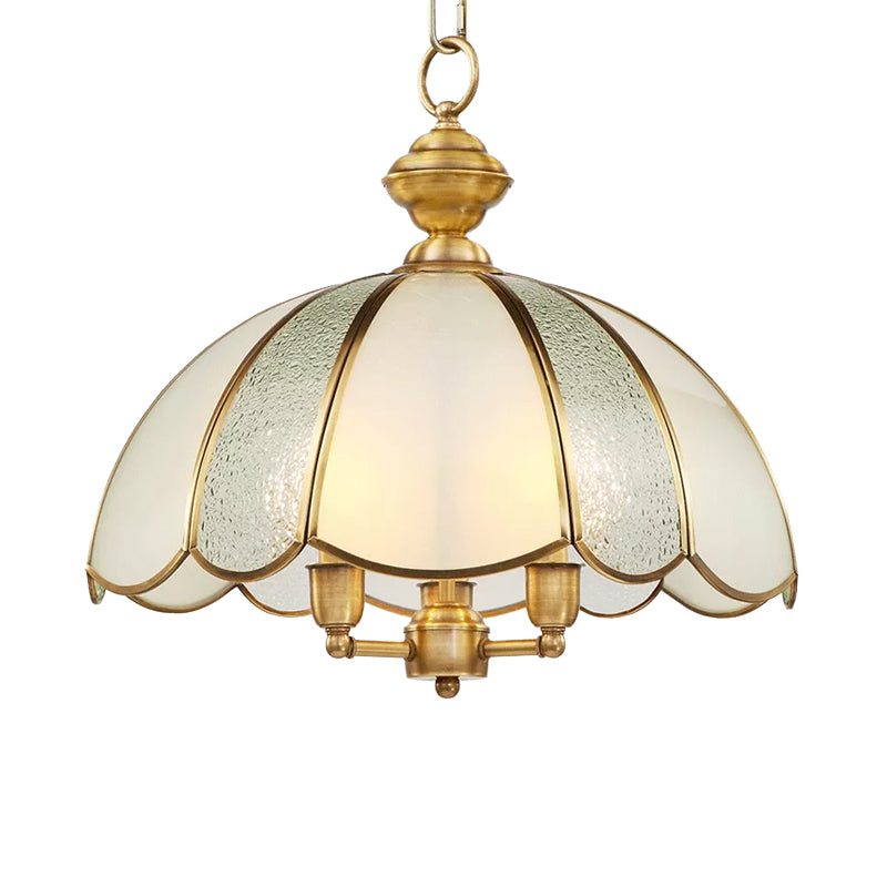 3 Lights Dome Chandelier Lamp Classic Polished Brass Frosted Glass Hanging Lighting Clearhalo 'Ceiling Lights' 'Chandeliers' 'Glass shade' 'Glass' Lighting' 1963594
