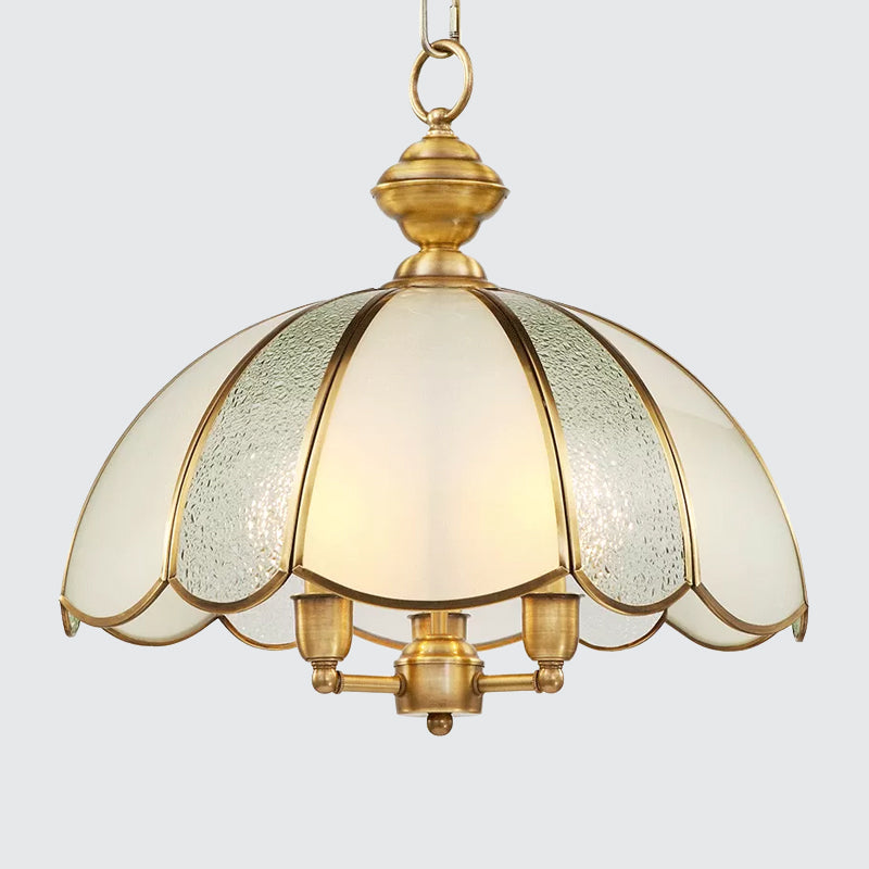 3 Lights Dome Chandelier Lamp Classic Polished Brass Frosted Glass Hanging Lighting Clearhalo 'Ceiling Lights' 'Chandeliers' 'Glass shade' 'Glass' Lighting' 1963595