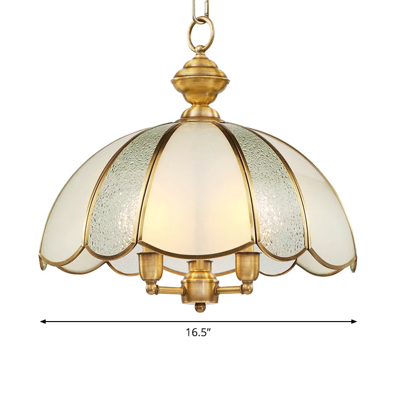 3 Lights Dome Chandelier Lamp Classic Polished Brass Frosted Glass Hanging Lighting Clearhalo 'Ceiling Lights' 'Chandeliers' 'Glass shade' 'Glass' Lighting' 1963596