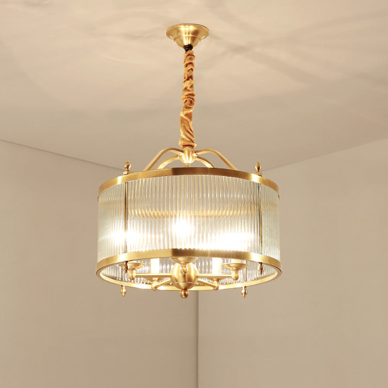 3/5/6 Lights Chandelier Light Colonial Drum Clear Ribbed Glass Ceiling Lamp in Polished Brass, Small/Medium/Large Brass Clearhalo 'Ceiling Lights' 'Chandeliers' 'Close To Ceiling Lights' 'Glass shade' 'Glass' Lighting' 1963597