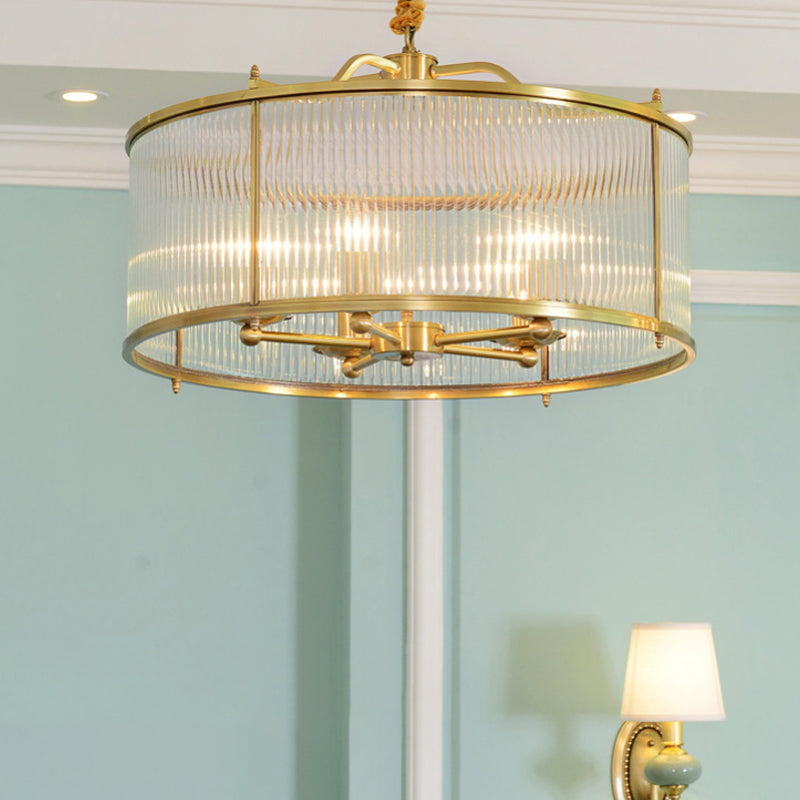 3/5/6 Lights Chandelier Light Colonial Drum Clear Ribbed Glass Ceiling Lamp in Polished Brass, Small/Medium/Large Clearhalo 'Ceiling Lights' 'Chandeliers' 'Close To Ceiling Lights' 'Glass shade' 'Glass' Lighting' 1963598