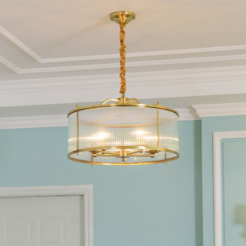 3/5/6 Lights Chandelier Light Colonial Drum Clear Ribbed Glass Ceiling Lamp in Polished Brass, Small/Medium/Large Clearhalo 'Ceiling Lights' 'Chandeliers' 'Close To Ceiling Lights' 'Glass shade' 'Glass' Lighting' 1963599