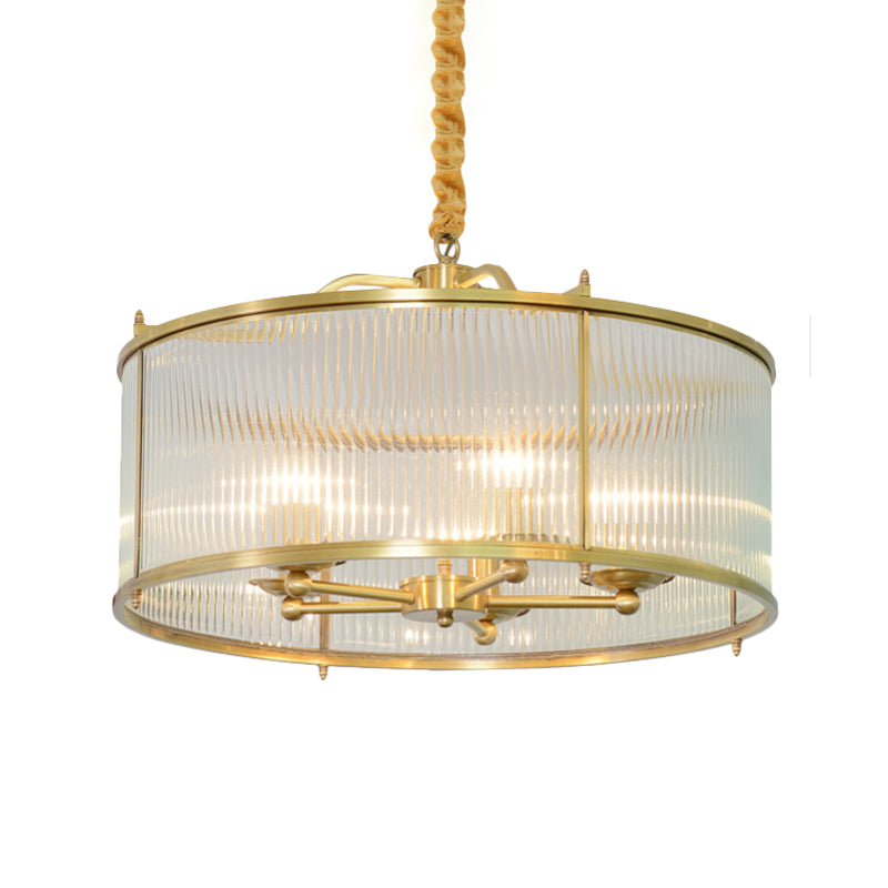 3/5/6 Lights Chandelier Light Colonial Drum Clear Ribbed Glass Ceiling Lamp in Polished Brass, Small/Medium/Large Clearhalo 'Ceiling Lights' 'Chandeliers' 'Close To Ceiling Lights' 'Glass shade' 'Glass' Lighting' 1963600