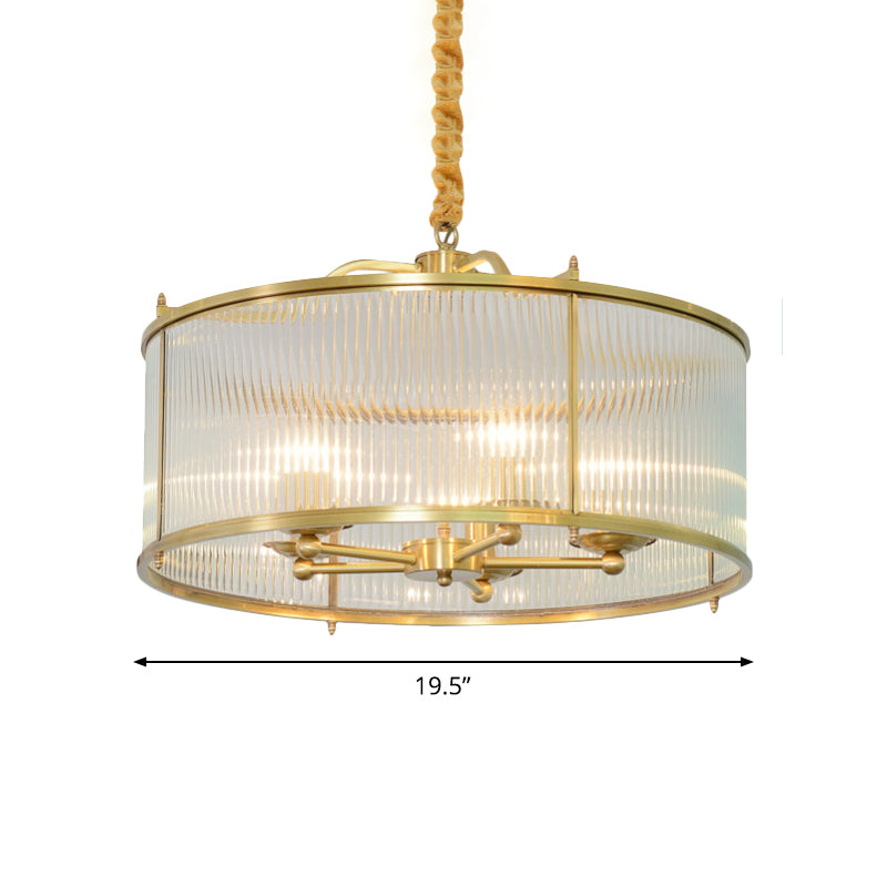 3/5/6 Lights Chandelier Light Colonial Drum Clear Ribbed Glass Ceiling Lamp in Polished Brass, Small/Medium/Large Clearhalo 'Ceiling Lights' 'Chandeliers' 'Close To Ceiling Lights' 'Glass shade' 'Glass' Lighting' 1963601