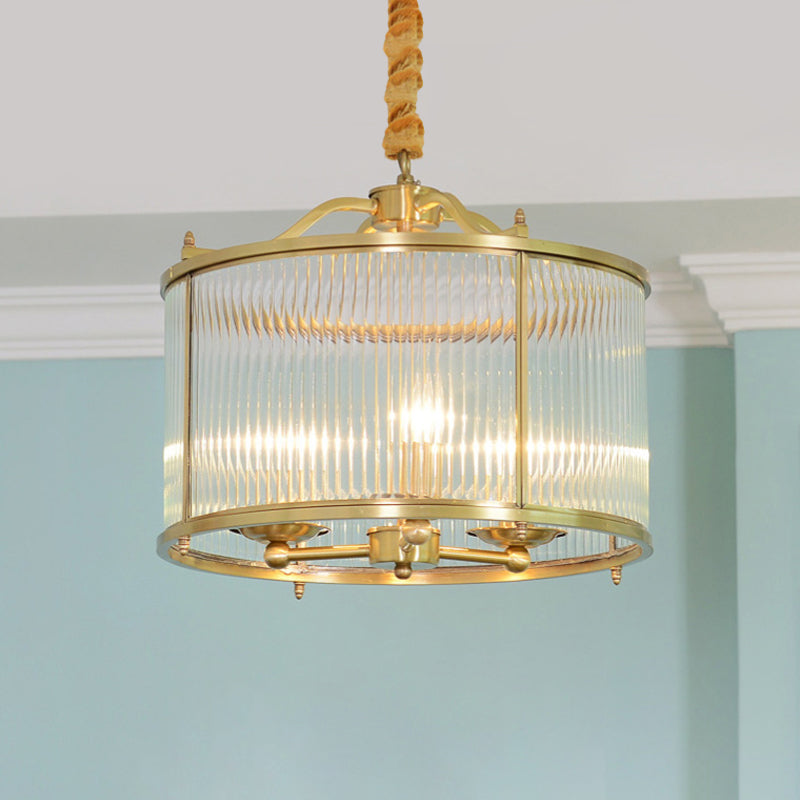 3/5/6 Lights Chandelier Light Colonial Drum Clear Ribbed Glass Ceiling Lamp in Polished Brass, Small/Medium/Large Brass Small Clearhalo 'Ceiling Lights' 'Chandeliers' 'Close To Ceiling Lights' 'Glass shade' 'Glass' Lighting' 1963603