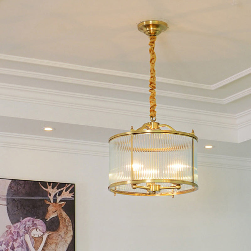 3/5/6 Lights Chandelier Light Colonial Drum Clear Ribbed Glass Ceiling Lamp in Polished Brass, Small/Medium/Large Clearhalo 'Ceiling Lights' 'Chandeliers' 'Close To Ceiling Lights' 'Glass shade' 'Glass' Lighting' 1963604