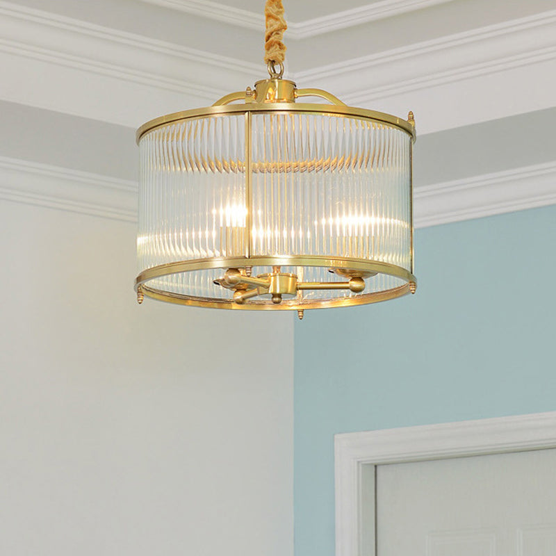 3/5/6 Lights Chandelier Light Colonial Drum Clear Ribbed Glass Ceiling Lamp in Polished Brass, Small/Medium/Large Clearhalo 'Ceiling Lights' 'Chandeliers' 'Close To Ceiling Lights' 'Glass shade' 'Glass' Lighting' 1963605