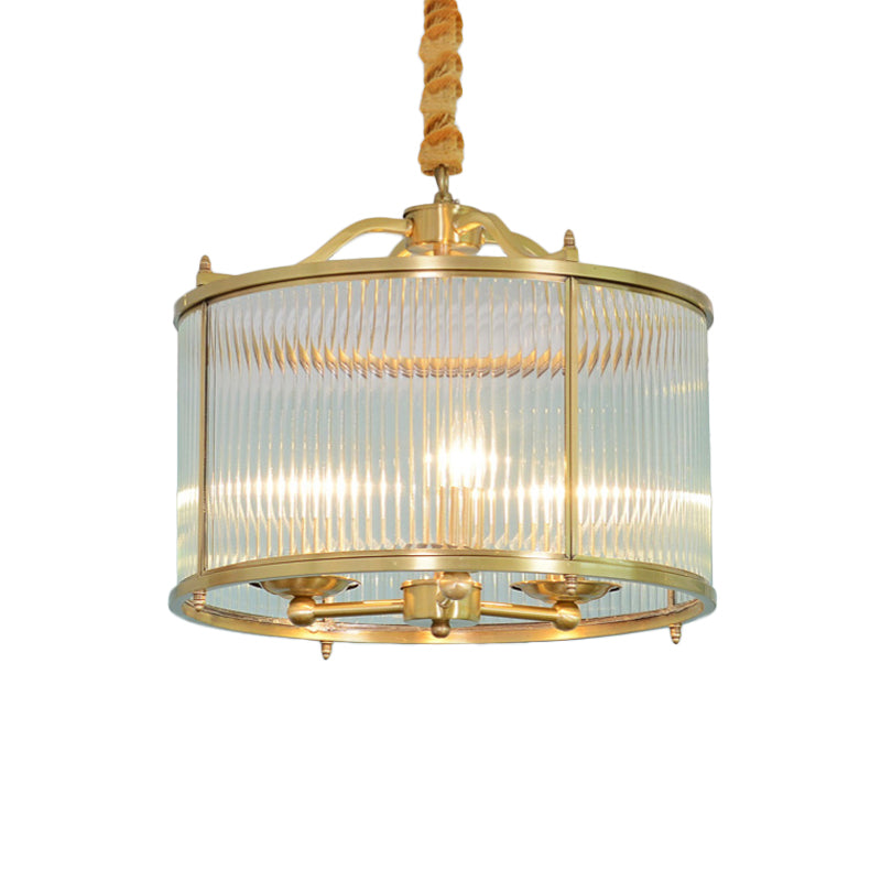 3/5/6 Lights Chandelier Light Colonial Drum Clear Ribbed Glass Ceiling Lamp in Polished Brass, Small/Medium/Large Clearhalo 'Ceiling Lights' 'Chandeliers' 'Close To Ceiling Lights' 'Glass shade' 'Glass' Lighting' 1963606
