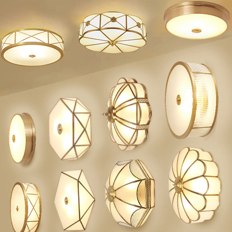 Scalloped/Bowl/Flower Frosted Glass Flush Mount Light Vintage 3 Lights Bedroom Ceiling Light in Brass Clearhalo 'Ceiling Lights' 'Close To Ceiling Lights' 'Close to ceiling' 'Flush mount' Lighting' 1963608