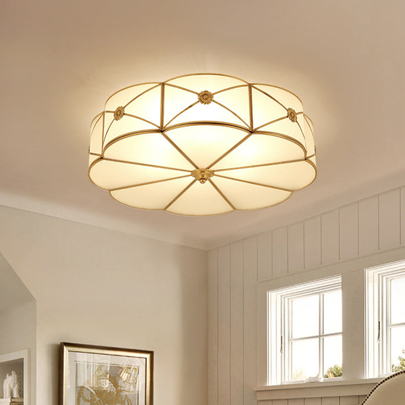 Scalloped/Bowl/Flower Frosted Glass Flush Mount Light Vintage 3 Lights Bedroom Ceiling Light in Brass Brass A Clearhalo 'Ceiling Lights' 'Close To Ceiling Lights' 'Close to ceiling' 'Flush mount' Lighting' 1963609