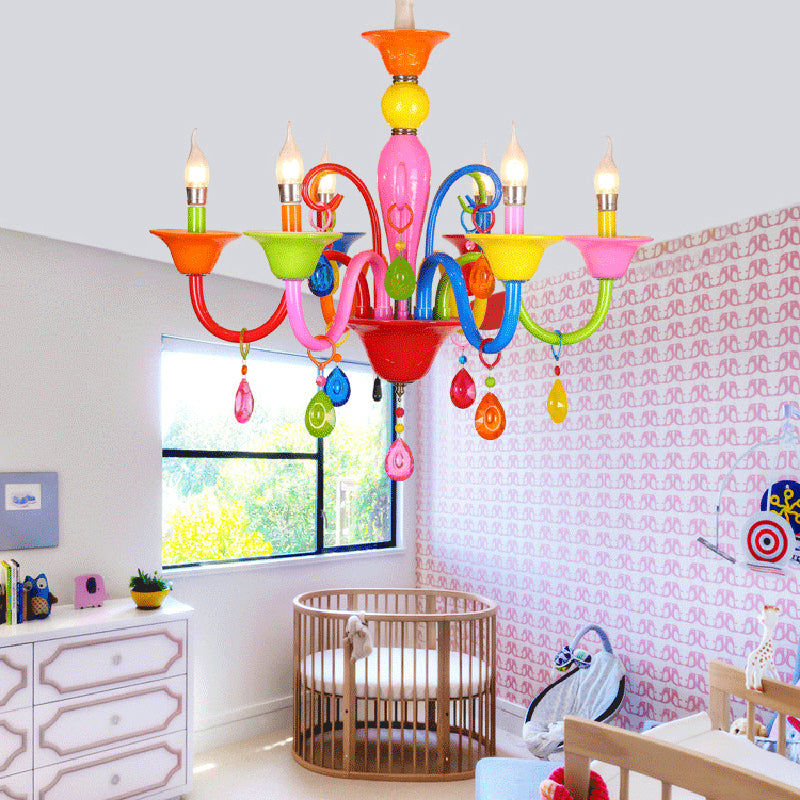 Kids Candle Suspension Light with Teardrop Crystal Metallic Multi-Colored Chandelier for Game Room 6 Pink-Blue-Yellow-Red-Green Clearhalo 'Ceiling Lights' 'Chandeliers' Lighting' options 196360_1a4a85f4-fb2d-49e4-92b4-c75cde8aae81