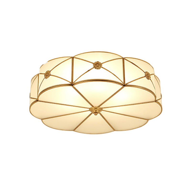 Scalloped/Bowl/Flower Frosted Glass Flush Mount Light Vintage 3 Lights Bedroom Ceiling Light in Brass Clearhalo 'Ceiling Lights' 'Close To Ceiling Lights' 'Close to ceiling' 'Flush mount' Lighting' 1963610