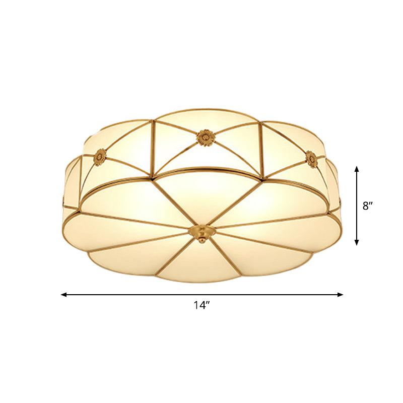 Scalloped/Bowl/Flower Frosted Glass Flush Mount Light Vintage 3 Lights Bedroom Ceiling Light in Brass Clearhalo 'Ceiling Lights' 'Close To Ceiling Lights' 'Close to ceiling' 'Flush mount' Lighting' 1963611