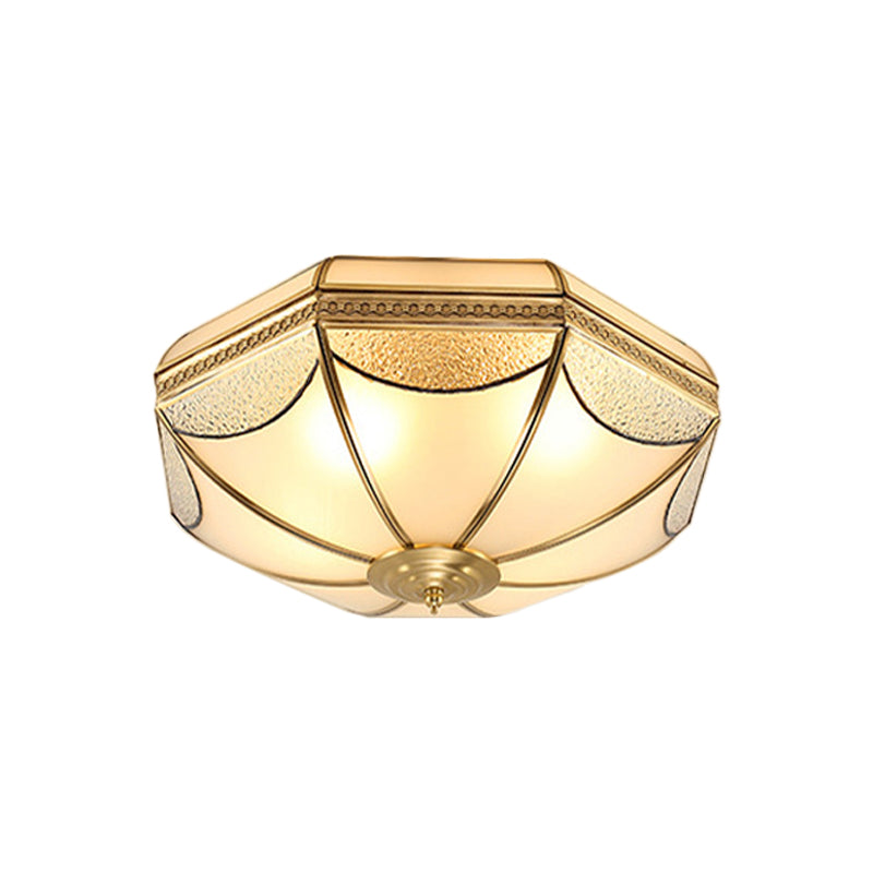 Scalloped/Bowl/Flower Frosted Glass Flush Mount Light Vintage 3 Lights Bedroom Ceiling Light in Brass Clearhalo 'Ceiling Lights' 'Close To Ceiling Lights' 'Close to ceiling' 'Flush mount' Lighting' 1963613