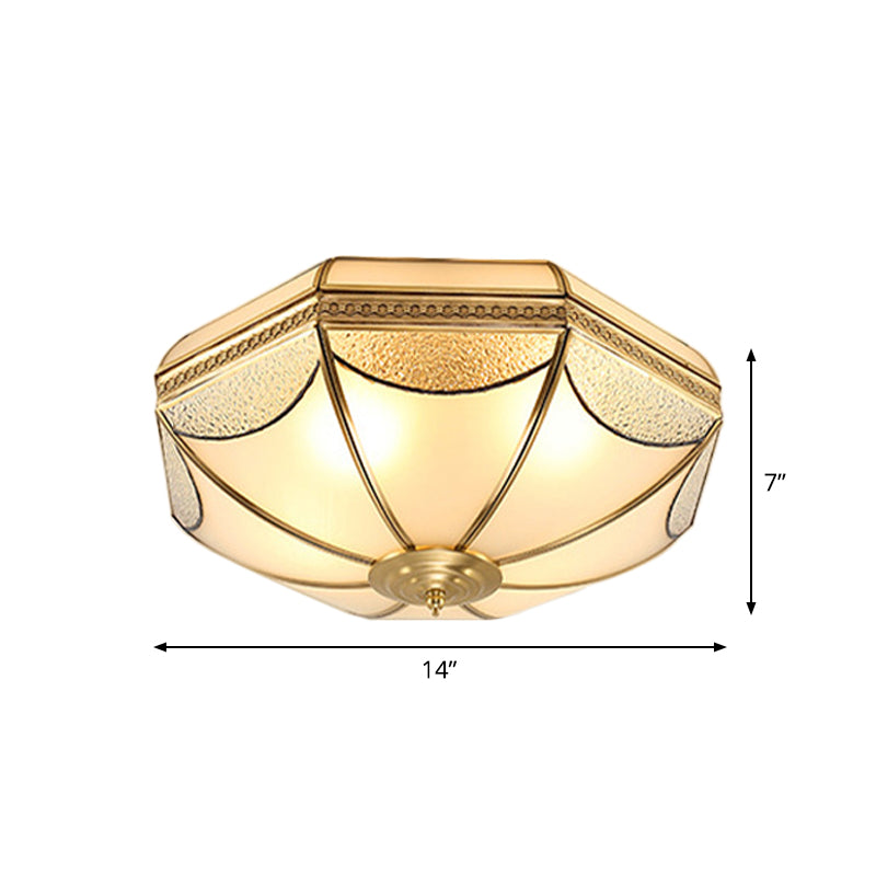 Scalloped/Bowl/Flower Frosted Glass Flush Mount Light Vintage 3 Lights Bedroom Ceiling Light in Brass Clearhalo 'Ceiling Lights' 'Close To Ceiling Lights' 'Close to ceiling' 'Flush mount' Lighting' 1963614