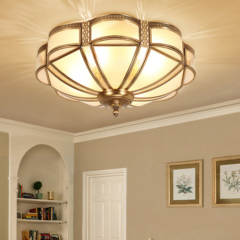 Scalloped/Bowl/Flower Frosted Glass Flush Mount Light Vintage 3 Lights Bedroom Ceiling Light in Brass Brass C Clearhalo 'Ceiling Lights' 'Close To Ceiling Lights' 'Close to ceiling' 'Flush mount' Lighting' 1963624
