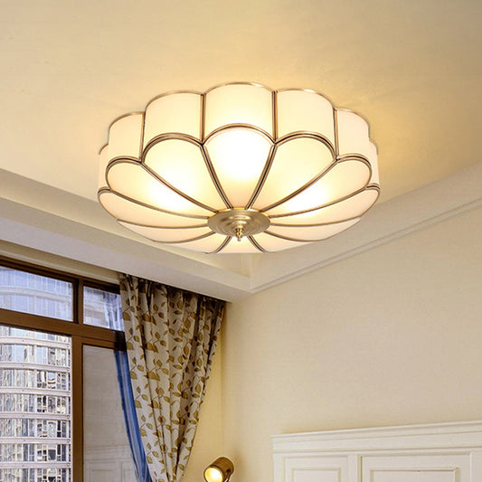 Scalloped/Bowl/Flower Frosted Glass Flush Mount Light Vintage 3 Lights Bedroom Ceiling Light in Brass Brass F Clearhalo 'Ceiling Lights' 'Close To Ceiling Lights' 'Close to ceiling' 'Flush mount' Lighting' 1963630