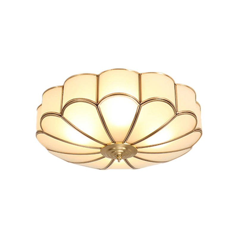 Scalloped/Bowl/Flower Frosted Glass Flush Mount Light Vintage 3 Lights Bedroom Ceiling Light in Brass Clearhalo 'Ceiling Lights' 'Close To Ceiling Lights' 'Close to ceiling' 'Flush mount' Lighting' 1963631