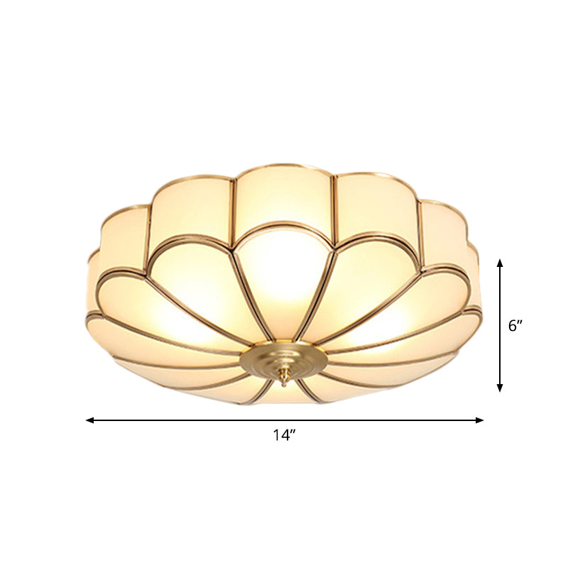 Scalloped/Bowl/Flower Frosted Glass Flush Mount Light Vintage 3 Lights Bedroom Ceiling Light in Brass Clearhalo 'Ceiling Lights' 'Close To Ceiling Lights' 'Close to ceiling' 'Flush mount' Lighting' 1963632