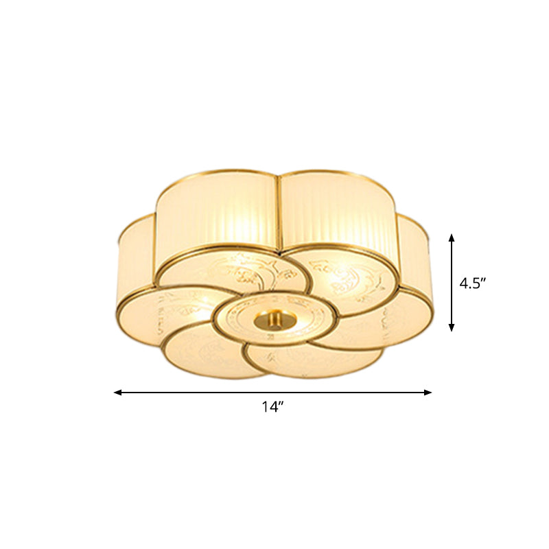 Scalloped/Bowl/Flower Frosted Glass Flush Mount Light Vintage 3 Lights Bedroom Ceiling Light in Brass Clearhalo 'Ceiling Lights' 'Close To Ceiling Lights' 'Close to ceiling' 'Flush mount' Lighting' 1963637