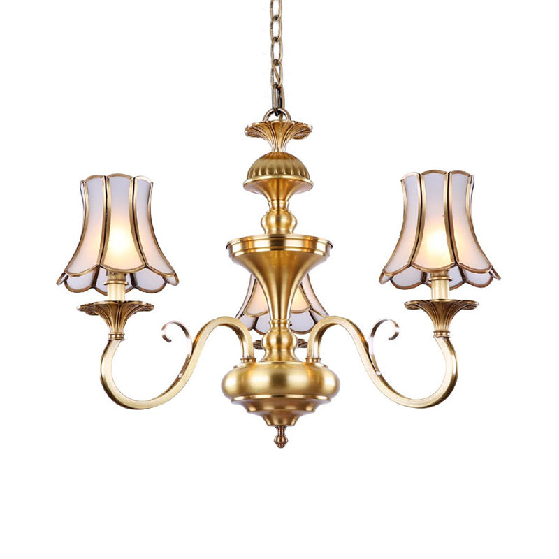 3/5/6 Lights Chandelier Light Traditional Bedroom Ceiling Lamp with Flared Frosted Glass Shade in Polished Brass 3 Brass Clearhalo 'Ceiling Lights' 'Chandeliers' 'Glass shade' 'Glass' Lighting' 1963638
