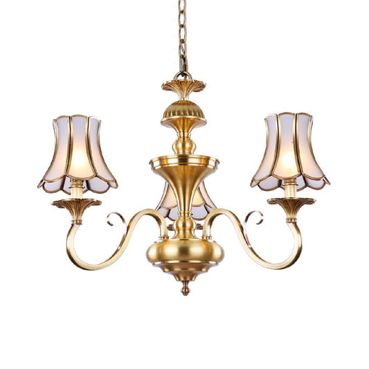 3/5/6 Lights Chandelier Light Traditional Bedroom Ceiling Lamp with Flared Frosted Glass Shade in Polished Brass 3 Brass Clearhalo 'Ceiling Lights' 'Chandeliers' 'Glass shade' 'Glass' Lighting' 1963638