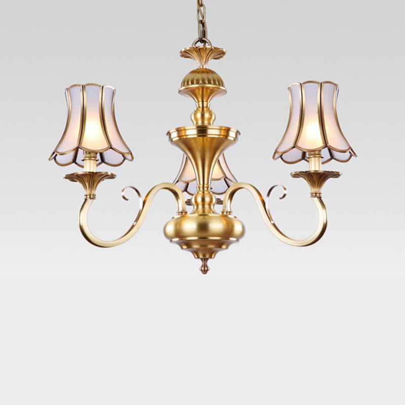 3/5/6 Lights Chandelier Light Traditional Bedroom Ceiling Lamp with Flared Frosted Glass Shade in Polished Brass Clearhalo 'Ceiling Lights' 'Chandeliers' 'Glass shade' 'Glass' Lighting' 1963639